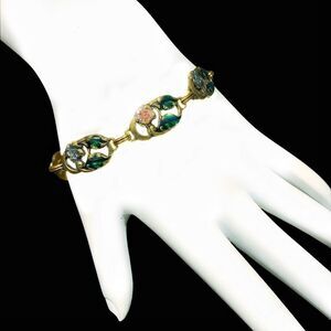 Vtg new old stock Banana Bob green pink floral enamel bracelet Victorian 6.5”